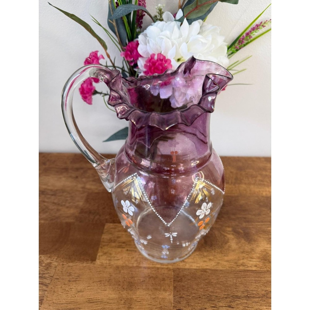 Antique Bohemian Amethyst Glass Pitcher Hand Painted Enamel Ruffled Rim